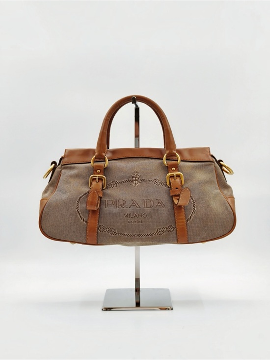 Prada Handbags - Prada Canapa Canvas Leather Satchel Handbag Brown Logo Top Handle Bag